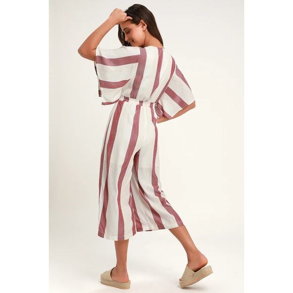 Lulus Jumpsuit Small Cream Red Rayna Striped Tie-Front Culotte Cropped Straight - Picture 4 of 16